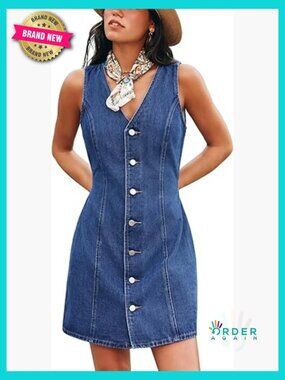 Mini Denim Dress Sleeveless V Neck Button Down Fitted Jean Dress Tie Back